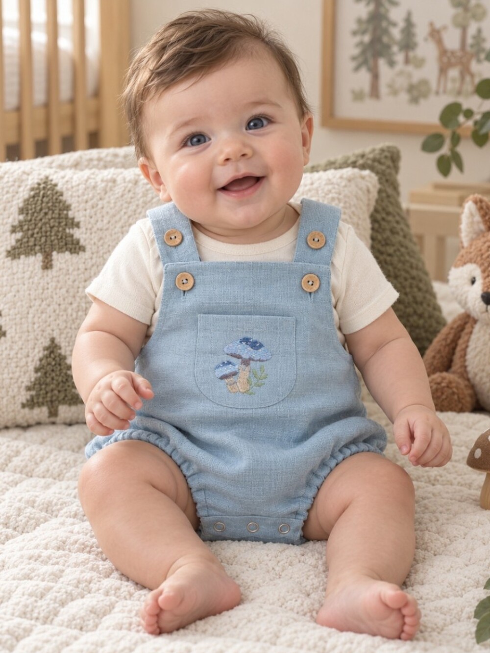 NWOT Handmade Linen-Style Baby Overalls with Mushroom Embroidery | 3-6M
